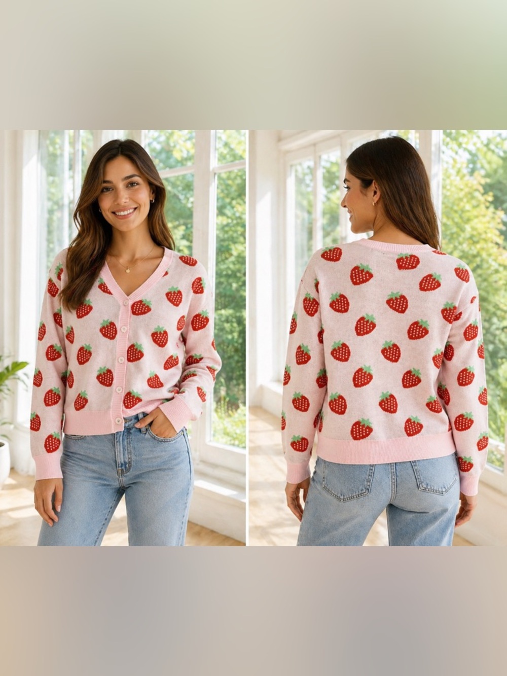 Hot Topic Vintage Pink Cardigan Sweater with Red Strawberry Print XL